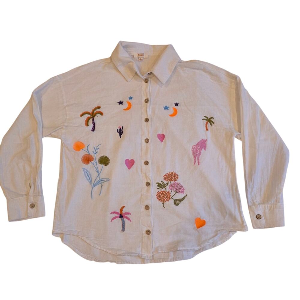 Peach Embroidered White Gauze Cotton Palm Tree Zebra Button Down Shirt Small